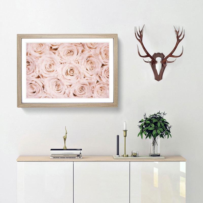 Wall of Pink Roses - Picture Frame Graphic Art Print, 24cm H x 33cm W x 2cm D, Oak Framed
