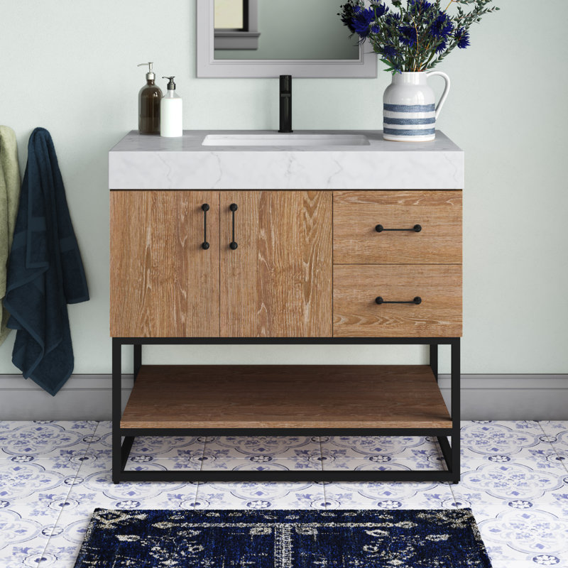 Ensemble de meuble-lavabo simple 36 po Alistair, Noir mat, Chêne naturel, Blanc