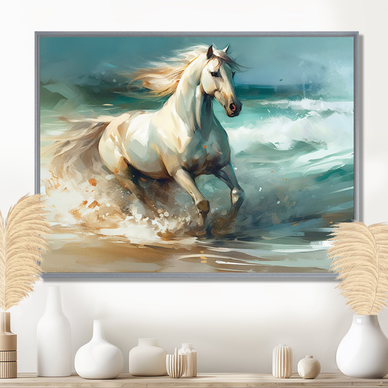 Cheval sur la plage II - art mural cheval pour le salon, Encadrement argenté, 16" H x 32" W
