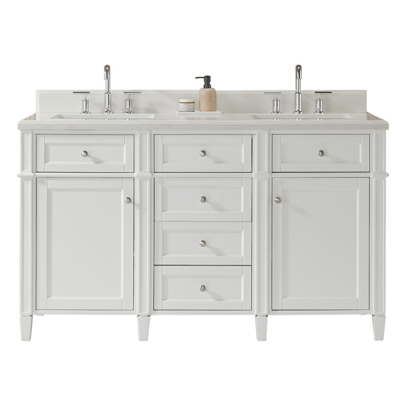 Meuble-lavabo autoportant à double cuve 60 po avec comptoir en quartz entièrement assemblé