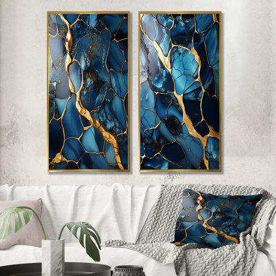 Or et saphir bleu marbre mosaïque IV - ensemble de 2 décorations murales abstraites