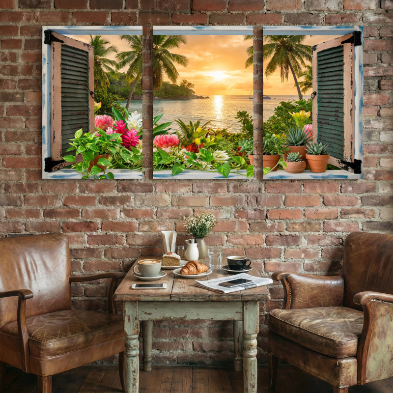 Paysage et nature, coucher de soleil tropical, fenêtre avec fleurs, H 18 po x l 36 po