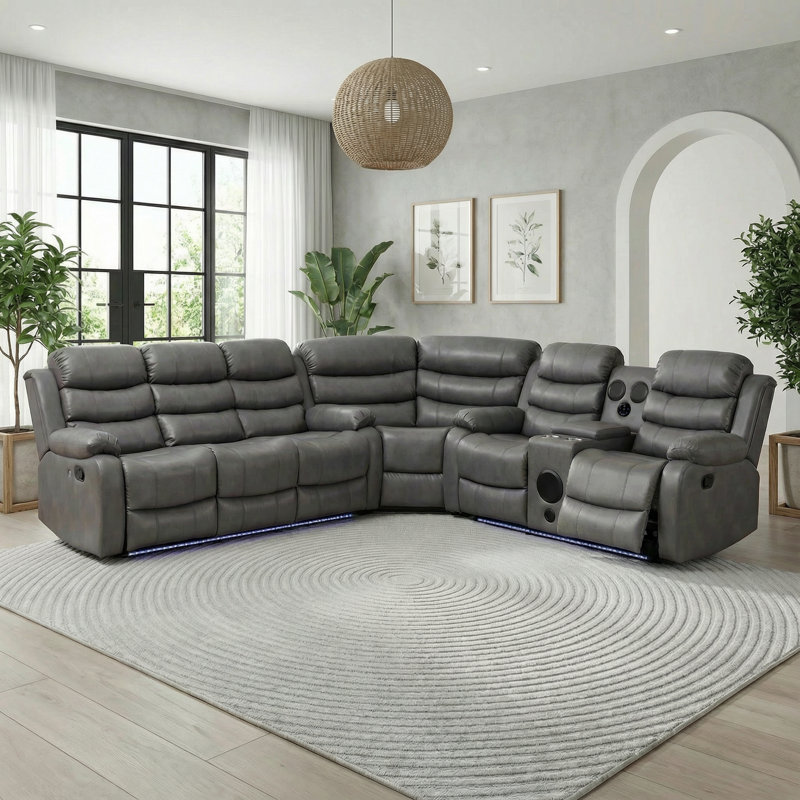 3 Piece Faux Leather Reclining Sectional with LED Lighting, Bluetooth Speaker & Charging Console, Gray