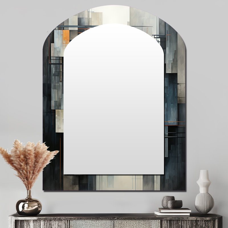 Hardedge Art Urban Geometry I - Hard Edge Painting Arch Mirror, Grey Asymmetrical Decorative Wall Mirror, Printed Metal Art