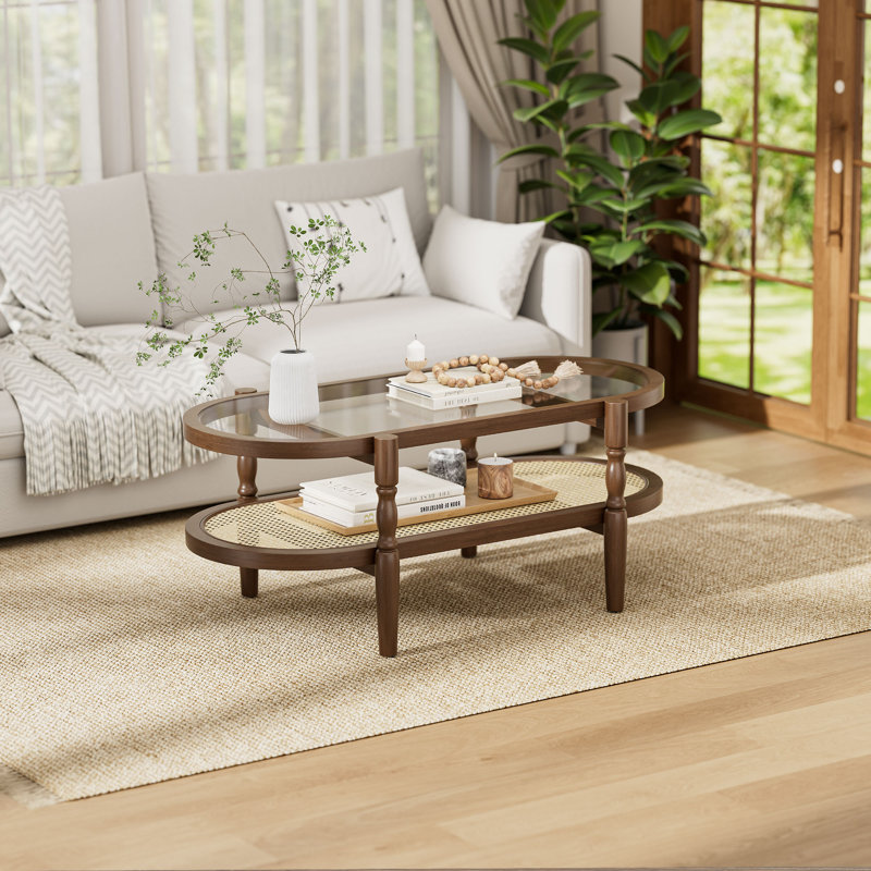 Table basse en verre avec tablette en rotin, Noyer, 40 po