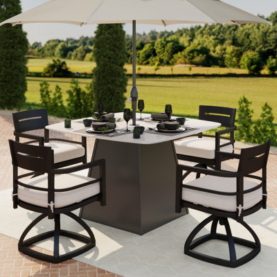 White 5-Piece Aluminum Rounded Square Outdoor Dining Set with Sunbrella Cast Silver Cushions and 4 Swivel Rocker