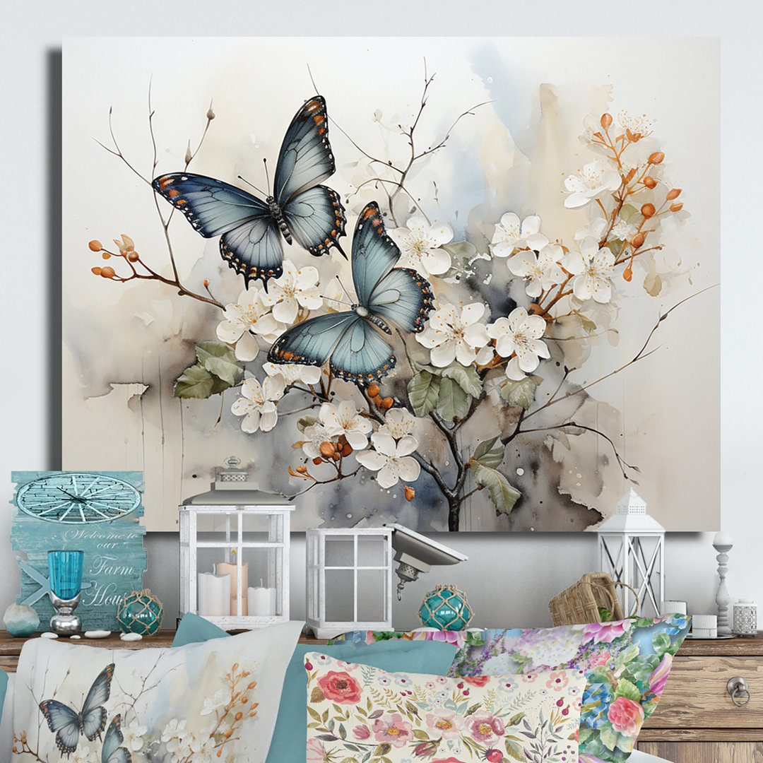 Blue White Butterfly Glimpse of Serendipity - Animals Metal Wall Art Living Room Rosalind Wheeler 