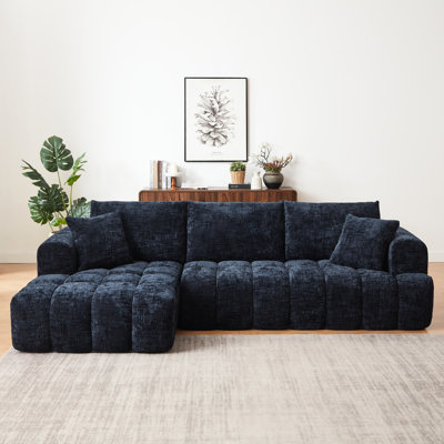 Canapé d'angle de luxe en chenille, 4 places, design minimaliste, revêtement bleu foncé, rembourrage en mousse et ressorts ensachés, idéal pour le salon, l'appartement et la réception, aucun assemblage requis, tissu.