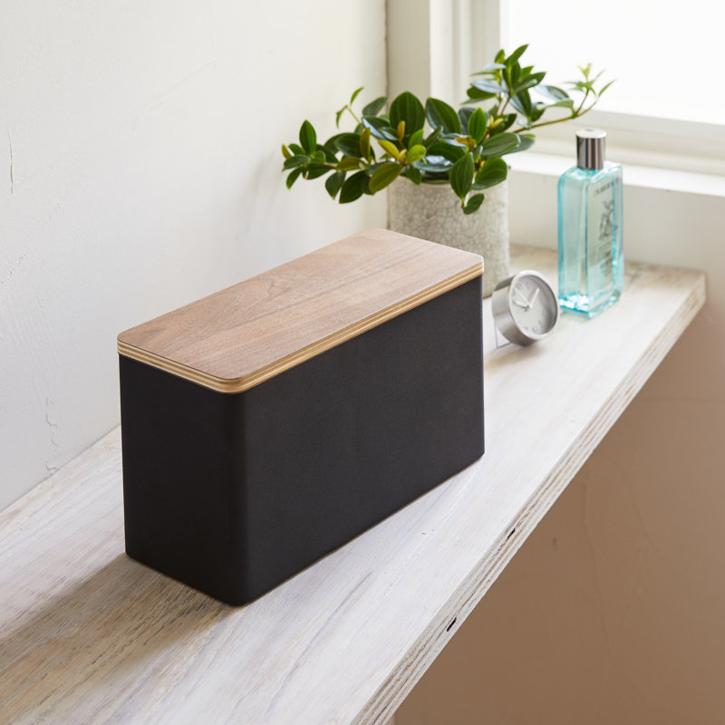 Black Steel and Wood Lidded Countertop Organizer