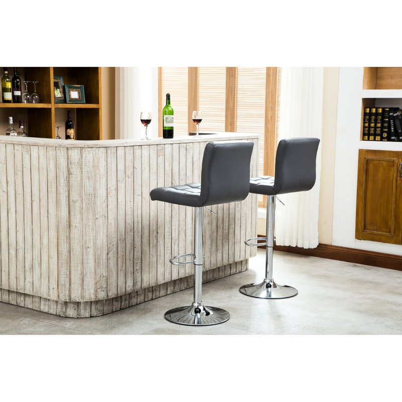 De 2 tabourets de bar réglables en similicuir gris avec base chromée et pivotant à 360 degrés 2 pièces hydraulique - siège, base, rotation, hauteur, mousse