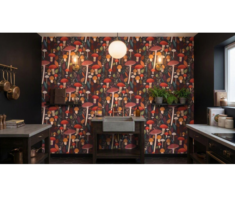 Mushroom Muse Pink Boswell Wallpaper, Black
