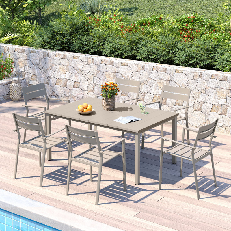 Rectangular Outdoor Dining Set wth 63" Metal Dining Table and 6 Armrest Dining Chairs, Cream/Cream