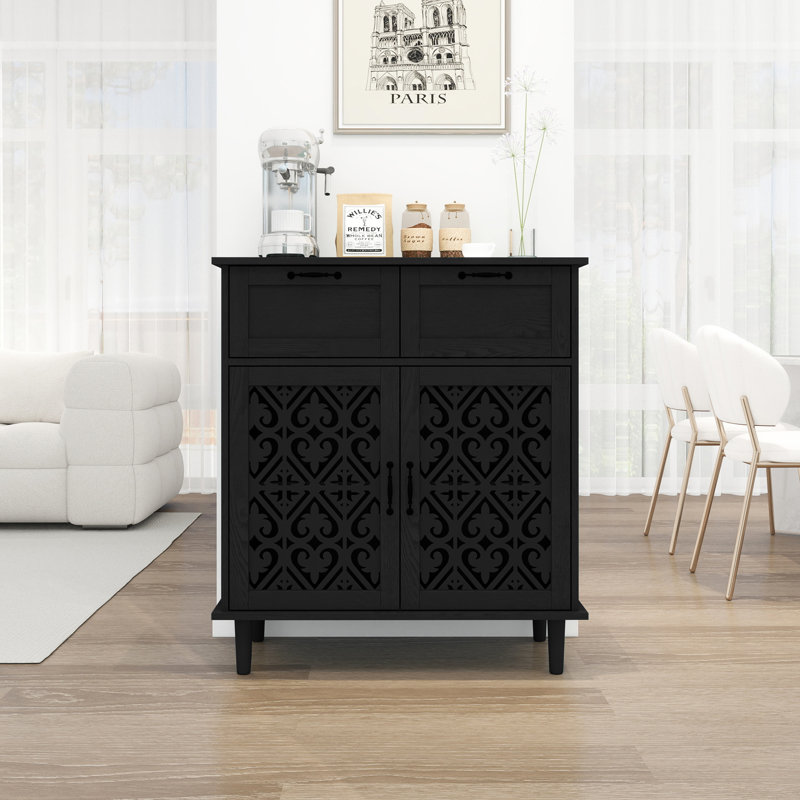 Armoire de rangement en bois noir avec portes sculptées, Noir