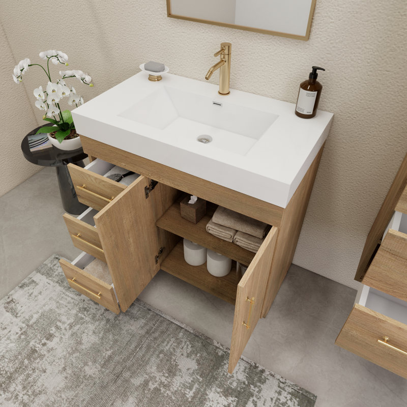 36" Freestanding Single Bathroom Vanity Set with Drawers and Doors, Oak