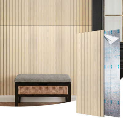Panneaux muraux adhésifs en lattes de bois de 48 po x 15,8 po, panneaux muraux décoratifs en PVC résistant à l'eau, paquet de 6 (32 pi²/boîte)