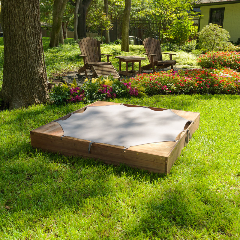 Wooden Backyard Sandbox with Built-in Corner Seating and Mesh Cover, Espresso