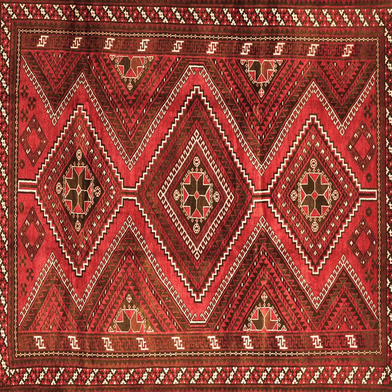 Tapis oriental en laine / polyester tissé à la machine en rouge, Carré 5 pi