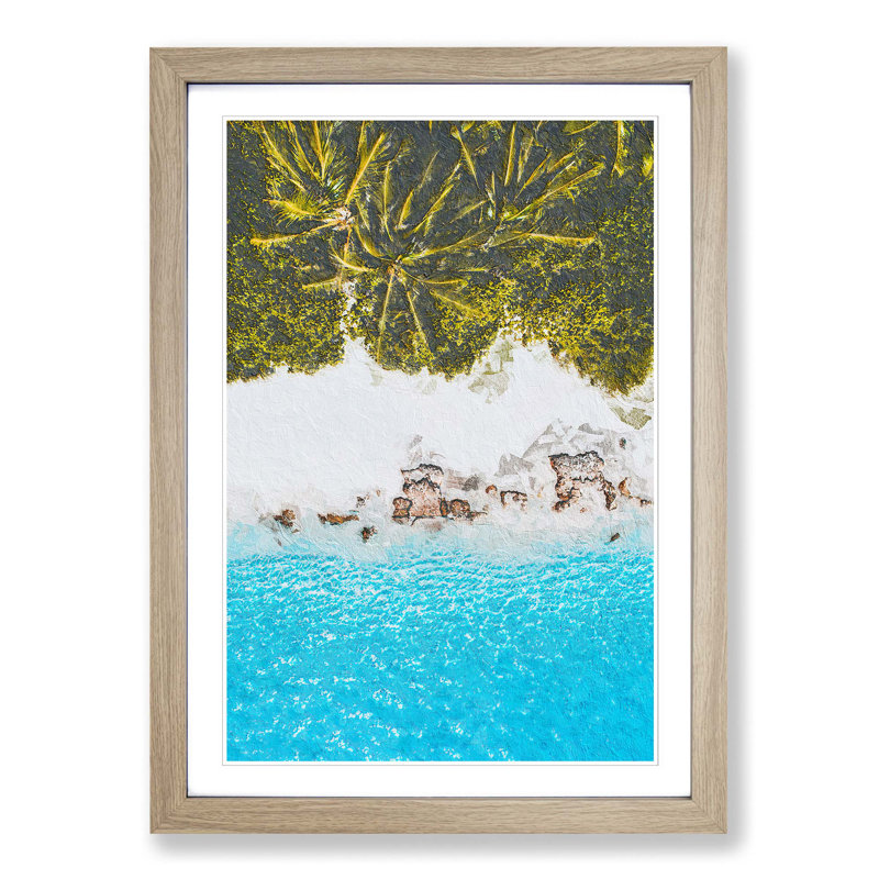 Palm Trees by the Beach in the Maldives - Picture Frame Painting Print on MDF, Oak Framed, 48cm H x 36cm W x 2cm D