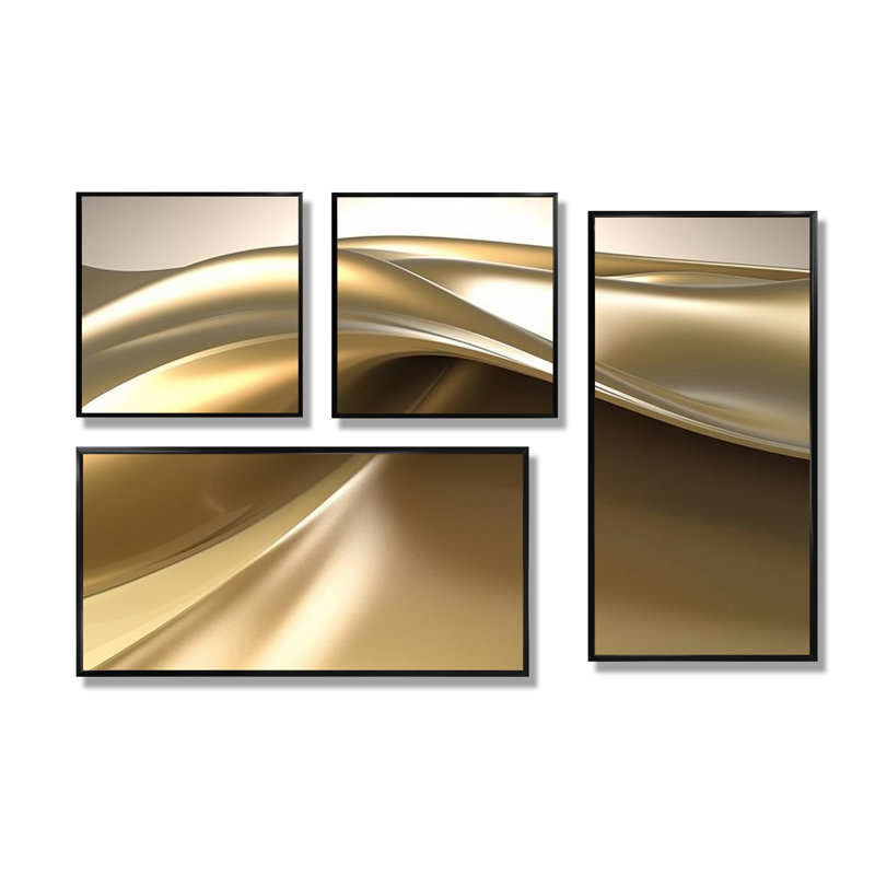 Minimal Glam subtile rétro liquide vague d'or - grandes formes abstraites d'art sur toile 4 pièces, Noir