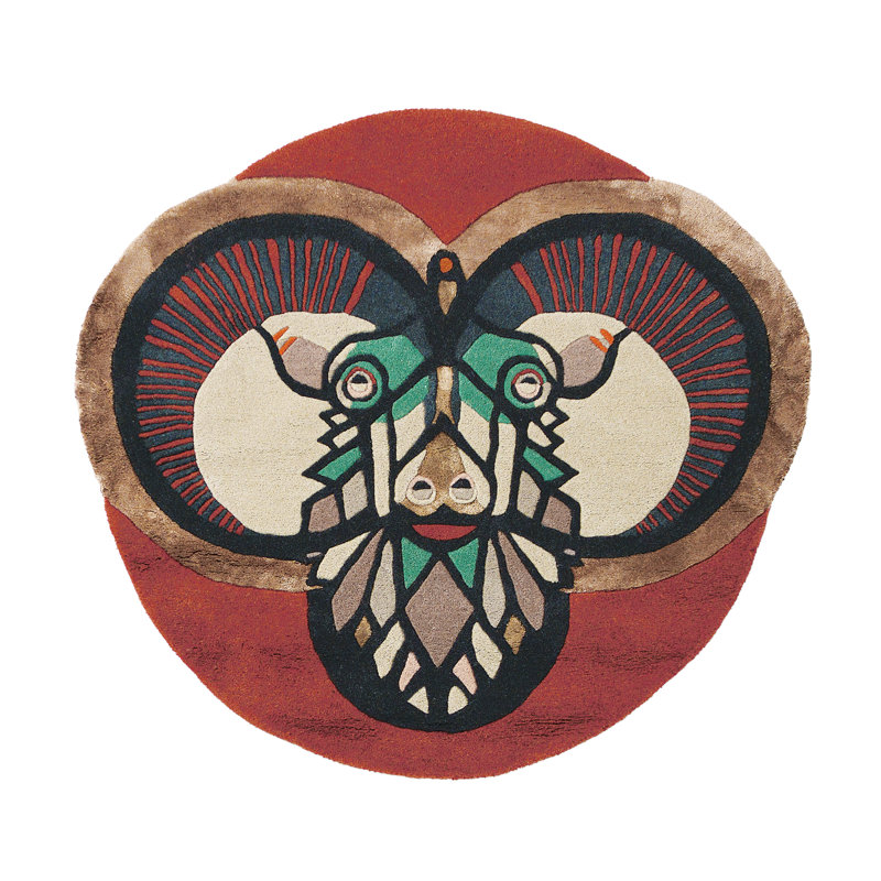 Hand Tufted Abstract Area Rug in Red/Black/Green/Beige, Round 6'7"