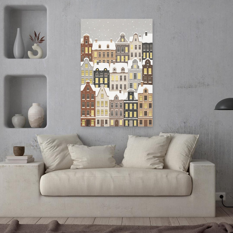 Cozy Winter Town, art contemporain urbain abstrait, H 36 po x l 24 po
