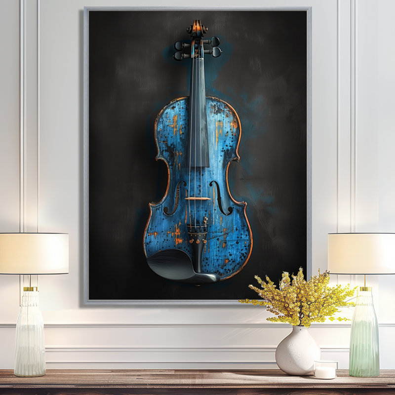 Charme de violon monochrome gris et bleu - musique Jazz Art mural, Encadrement argenté, 20" H x 12" W