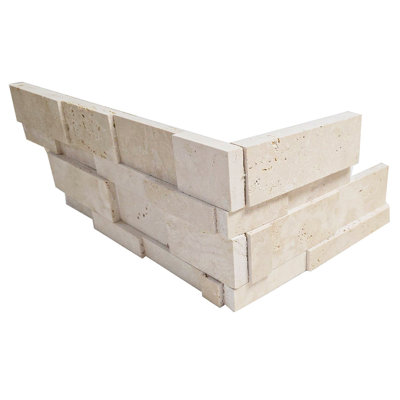 Corner for Ivory Travertine Honed 6x24 Interlocking 3-Dimensional Travertine Ledger Panel