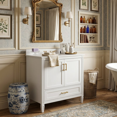 30" Elegant Bathroom Vanity With Ceramic Sink, Solid Wood Leg Storage Cabinet With 3D Fluted Trim & Soft-Close Bottom Drawer, White/Black
