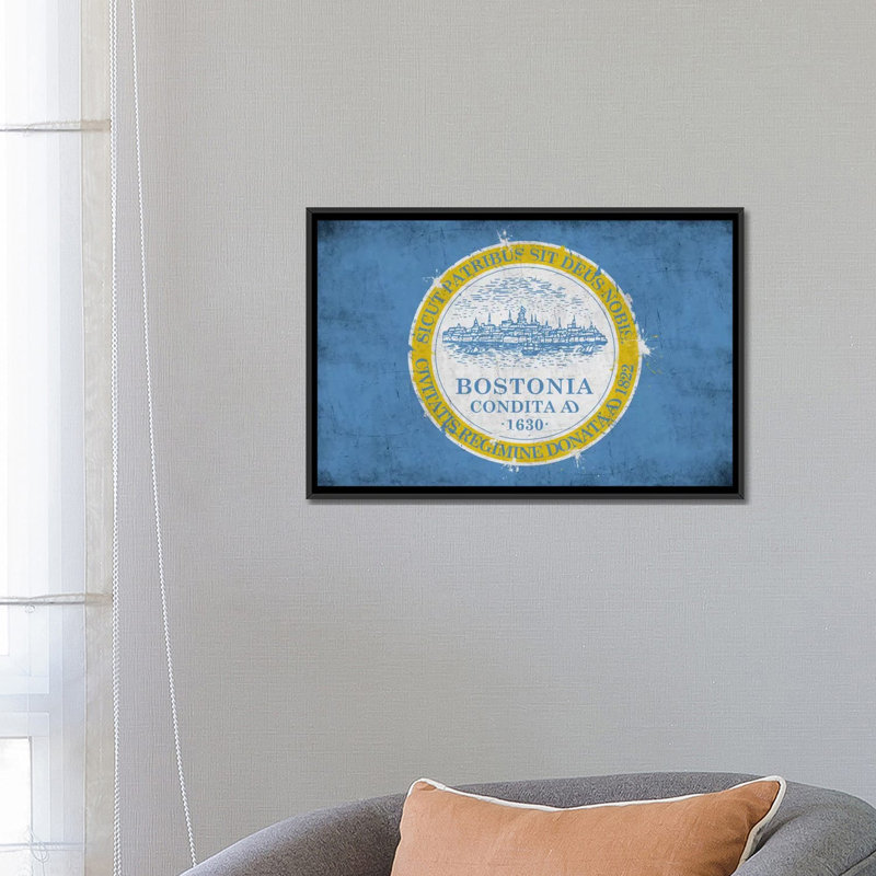 «Boston, Massachusetts Flag», impression sur toile, H 18 po x l 26 po x P 1,5 po, Toile avec cadre noir, Pas de tapis