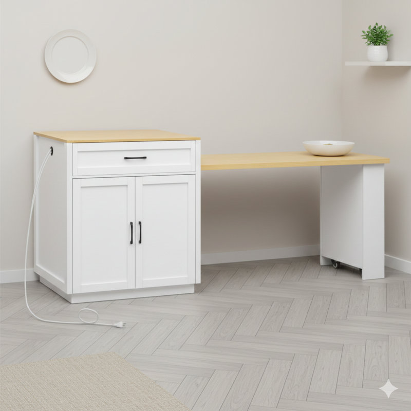 Îlot de cuisine de 82,7 pouces avec table de salle à manger extensible pour 4 à 6 personnes, finition bicolore, table de cuisine avec rangement double, prise de courant intégrée, 2 tiroirs et 2 tablettes latérales exposées - fini blanc