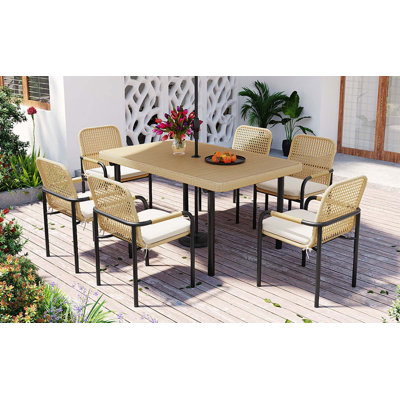 Ensemble repas en rotin PE avec trou pour parasol 7 pièces Ronald