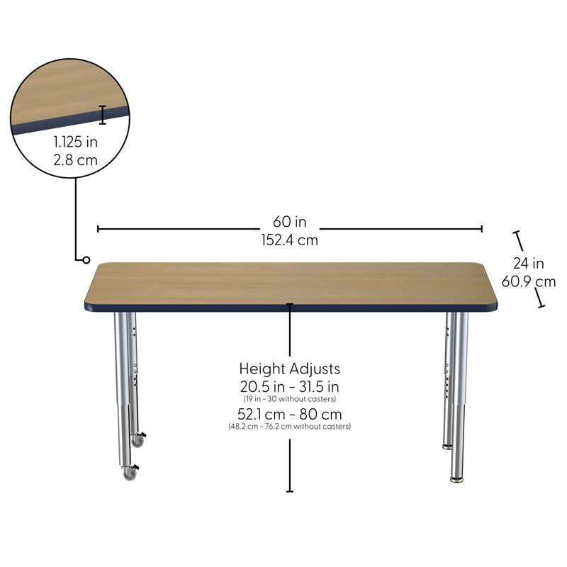 Table rectangulaire rectangulaire (24 x 60 po), pieds super réglables, 24" x 60", Chêne Pasadena / bleu marine, Super