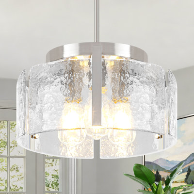 Bora 3-Light Drum Chandelier with Clear Hammered Water Ripple Glass Shade, Adjustable Downrod Modern Farmhouse Pendant Light for Dining Room Kitchen Island Foyer