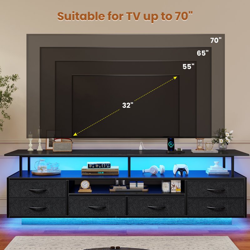 Tv Stand For Tvs Up To 70" With 6 Storage Drawers And Rgb Led Lights, Pu Finish Drawer, Black