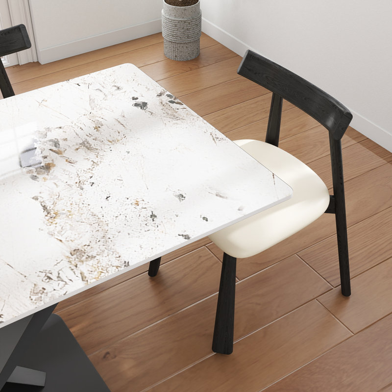 7-Piece Modern Rectangular Sintered Stone Dining Table Set With 6 Faux Leather Chairs, Beige/Black, Pandora