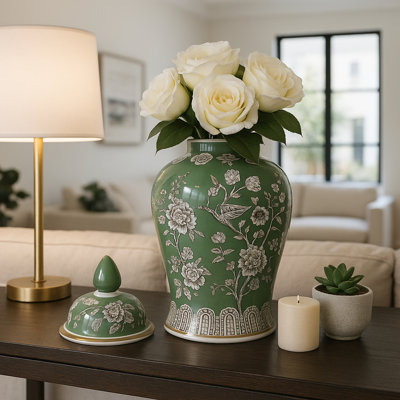 Decorative Bird And Flower Temple Jar With Lid -  Tall Home Decor Accent For Coffee Table - Versatile Jar Or Vase For Office Desk - Green & White