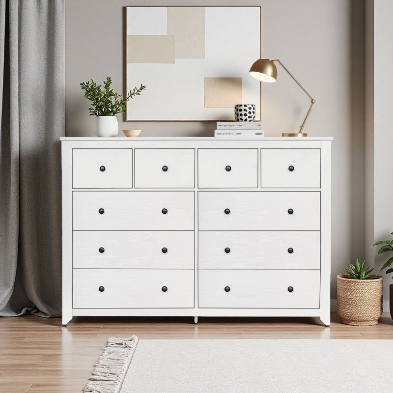 Commode moderne à 10 tiroirs pour la chambre à coucher - Vaste commode de rangement, Blanc antique