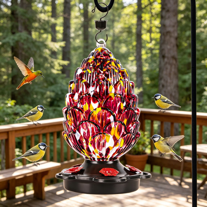 Mangeoire colibri en verre soufflé à la main en forme de pomme de pin pour suspendre à l'extérieur, résistant à la rouille et aux fuites, 25 oz, cadeau unique pour les amoureux des oiseaux, décoration de jardin et de cour, mauve