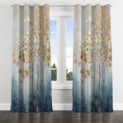 Gold And Blue Trees Harmony IV - Traditional Grommet Curtain - Velvet Room Darkening - 1 Panel