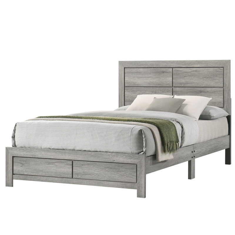 Lit plateforme double gris contemporain avec tête de lit épurée, grain de bois, assemblage simple, finition grain de boîte, un pour la chambre à coucher, aucun ressort nécessaire