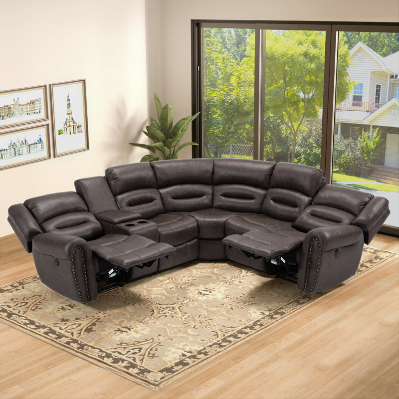7-Piece 97.4" Wide Classic And Overstuffed Soft Faux Leather Power Reclining Corner Sectional With Center Console