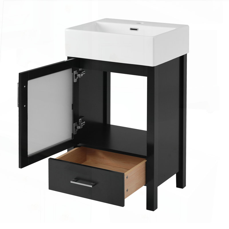 Meuble-lavabo moderne de 20 pouces avec lavabo en céramique et beaucoup de rangement, parfait pour les petites salles de bain et peu encombrant.