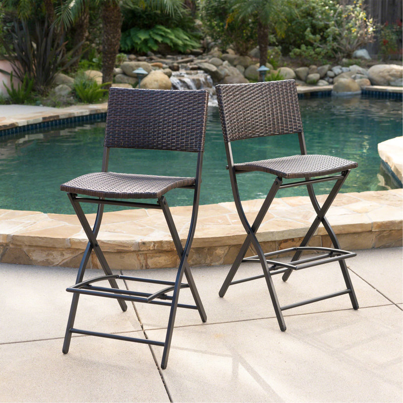 Outdoor Wicker Barstools Faux Rattan Patio Bar Stools Foldable Chair, Multibrown, Set Of 2