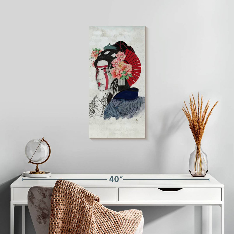 Portrait de femme Geisha, H 24 po x l 12 po