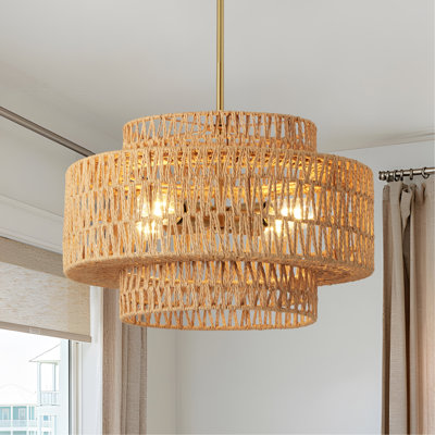 17.7" Boho Rattan Chandelier for Dining Room Light Fixture, 4-Light Hand Woven Wicker Pendant Light Fixture, Farmhouse Rustic Hanging Chandelier for Dining Room, Kitchen Island, Living, Bedroom