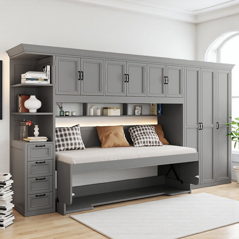 Lit escamotable simple avec bureau intégré, garde-robe et rangement, Gris