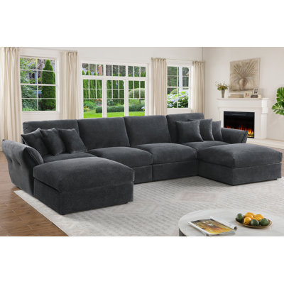 Canapé modulaire en U en chenille texturée de 148,5 po de large avec 2 repose-pieds Aveline