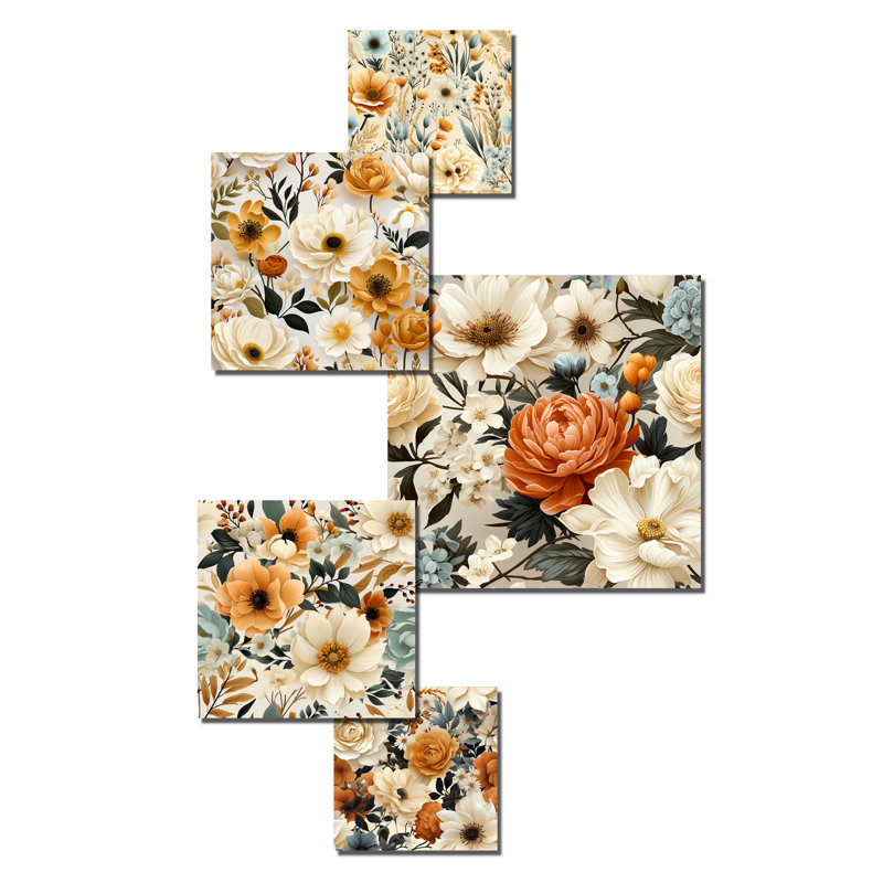 Ensemble de 5 décorations murales florales beiges rustiques