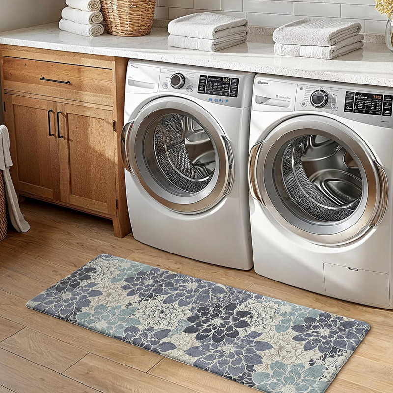 Tapis de cuisine rétro anti-fatigue antidérapant, L 47 po x H 17 po, Bleu, gris, floral blanc