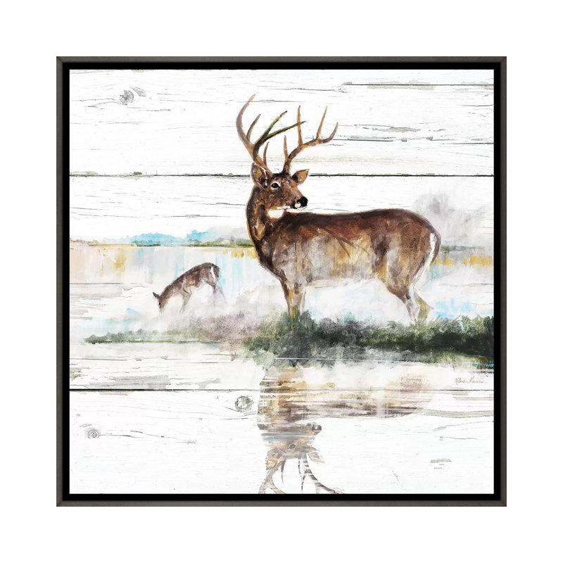 «Rustic Misty Deer» par Ruane Manning - reproduction d'art, H 18 po x l 18 po x 1,5 po, Toile avec cadre gris, Aucun mat